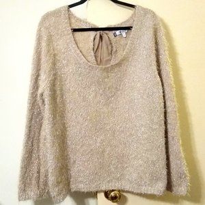 EUC ~Jennifer Lopez Light Rose & Silver Fuzzy and Eyelash Sparkle Sweater w/ Bow